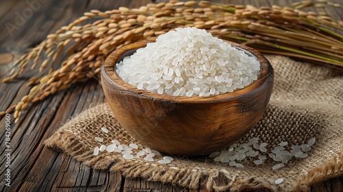 A rustic wooden bowl overflowing with white rice, accompanied by rice stalks on a burlap cloth, representing staple food and harvest time