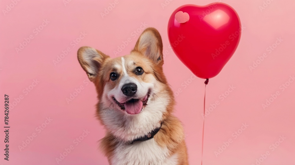 An adorable Corgi dog with a heart-shaped balloon tied to its collar against a soft pink background