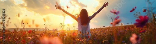 A woman with arms raised embraces the feeling of freedom in a wildflower field