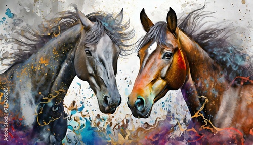 horse in the woods, wallpaper texted animal Plants, animals, horses, metal elements, texture background, modern paintings