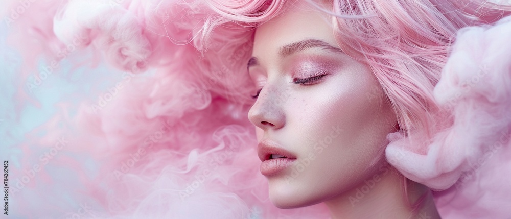 Ethereal beauty portrait of a woman with soft pink cotton candy-like hair and a dreamy expression.
