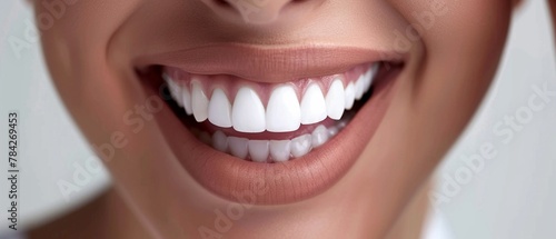 Extreme close-up of a womans radiant smile with impeccably white teeth photo