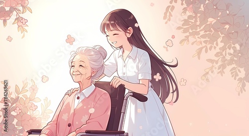 散策する車椅子のシニア女性と若い女性介護士 photo