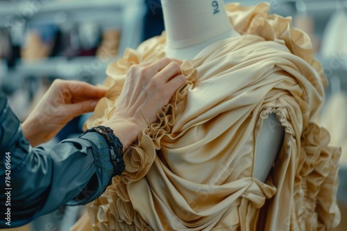 Close-up of a designer's hands delicately adjusting a beige, ruffled gown on a mannequin, showcasing detailed tailoring work. photo