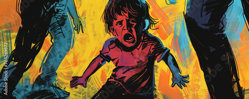 illustration portraying a child cowering in fear as they witness a violent altercation between their parents, photo