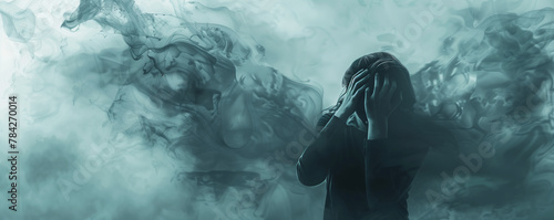 person holding their head in despair, surrounded by swirling clouds of anxiety and stress. photo