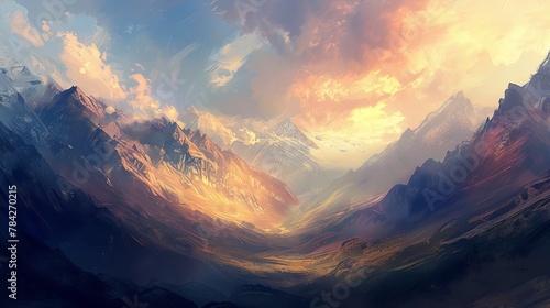 Mountain landscape, rich gradients of earth tones contrasted with bright skies and dark valleys