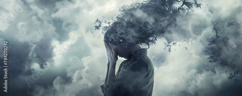 person holding their head in despair, surrounded by swirling clouds of anxiety and stress.