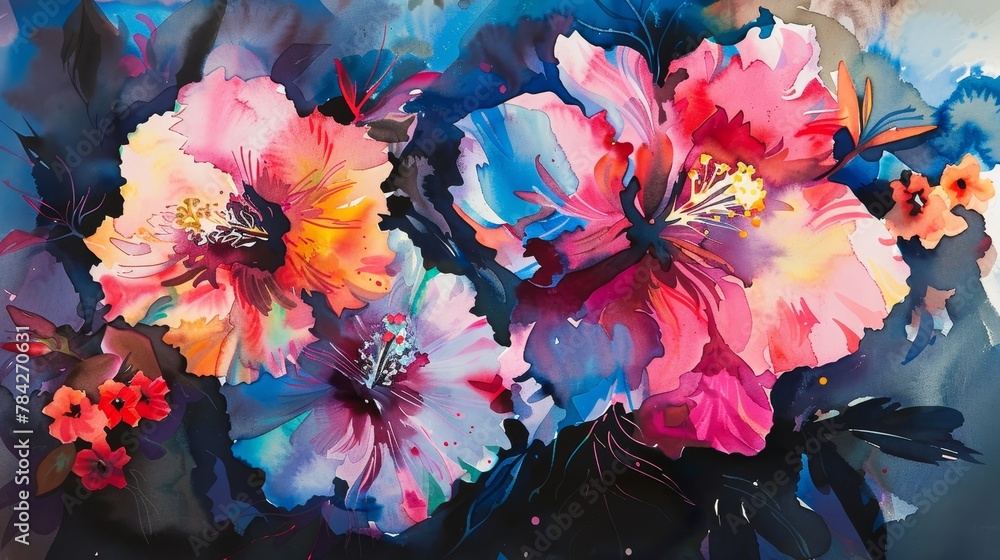 Floral still life in watercolor, vibrant flowers with saturated petals interspersed with deep black shadows and pure white highlights for dramatic effect - obrazy, fototapety, plakaty 