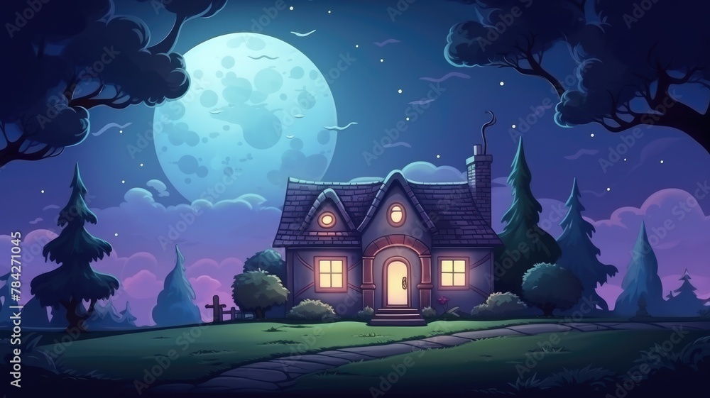 Mid night old home with Moon, trees, cartoon landscape