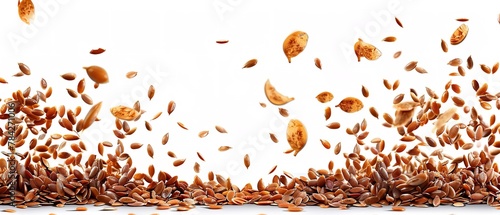 A clsoe shot of flaxseeds falling on a white backdrop with a big space for text or product advertisement, Generative AI.