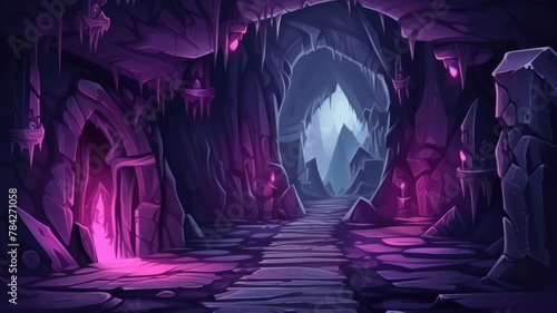 mystical cave entrance aglow with enchanting, luminous flora