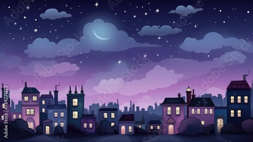 cityscape at night with illuminated buildings under a starry sky and a glowing moon