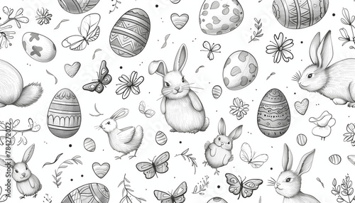 A charming, hand-drawn pattern background with a playful Easter theme. This design showcases a collection of illustrated elements in a soft, earth-toned color palette. The repeated imagery 