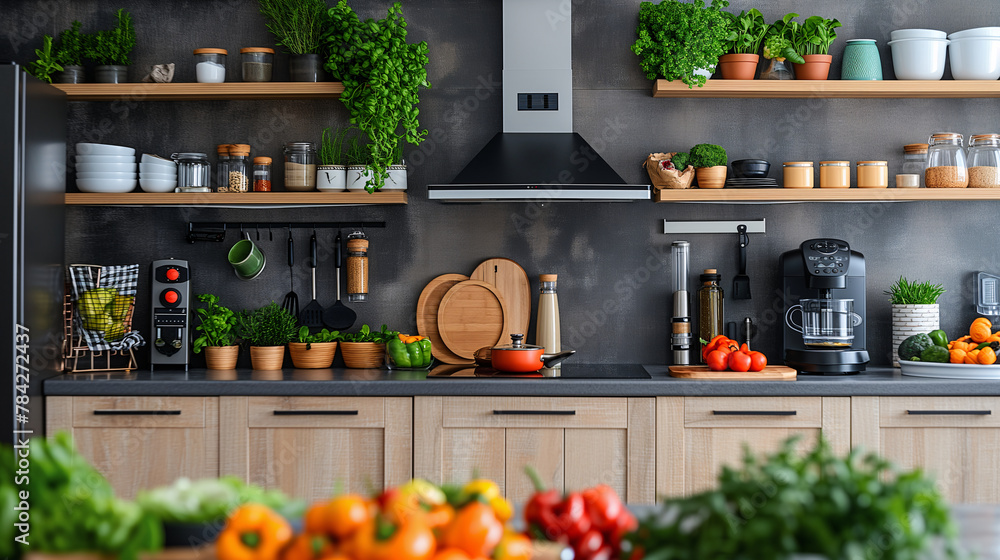 A modern and organized kitchen with fresh produce, juicers, and healthy cooking appliances A modern and organized kitchen with fresh produce, juicers, and healthy cooking appliances