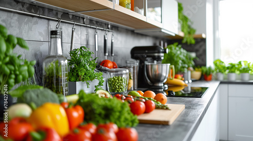 Fototapeta Naklejka Na Ścianę i Meble -  A modern and organized kitchen with fresh produce, juicers, and healthy cooking appliances