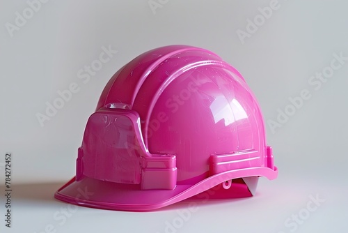 Close shot of a pink hardhat on a clean white backdrop with a space for text or product backdrop, Generative AI.