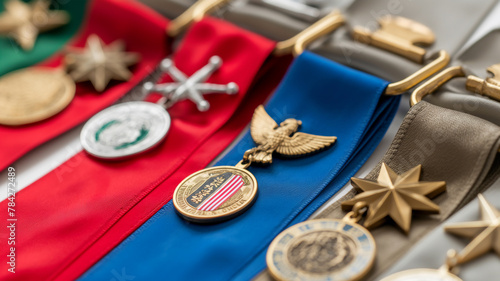 Assorted military medals displayed on ribbons, symbolizing honor and service.