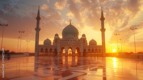 Sunset paints the sky with warm hues above an elegant mosque, reflecting in the polished courtyard during Eid celebrations
