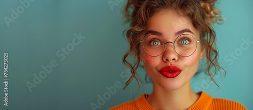 Wallpaper Mural A woman with red lipstick and glasses is looking surprised. The image has a bright blue background and the woman's outfit is orange. Funny creative woman Torontodigital.ca