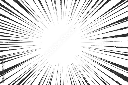 Speed lines in frame for manga comics book. Radial motion background. Monochrome explosion and flash glow. Vector concentric textured illustration