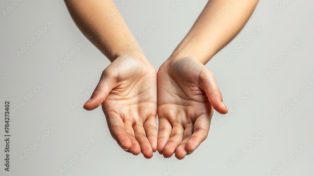 Top view of cupped open hands on clean studio white backdrop with a big space for text or product advertisement, Generative AI. - obrazy, fototapety, plakaty 