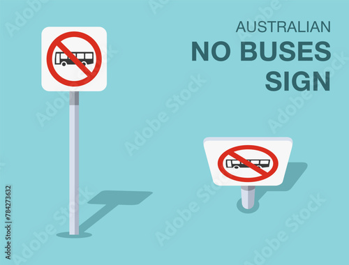 Traffic regulation rules. Isolated Australian "no buses" road sign. Front and top view. Flat vector illustration template.