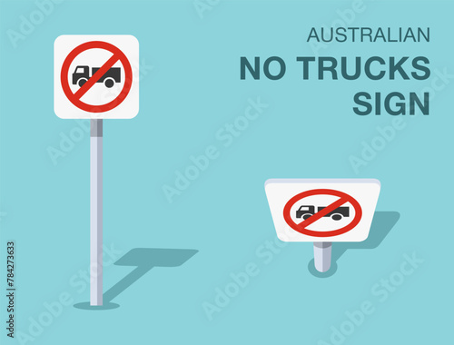 Traffic regulation rules. Isolated Australian "no trucks" road sign. Front and top view. Flat vector illustration template.