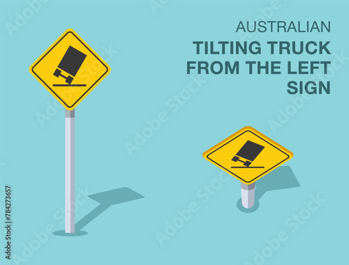 Traffic regulation rules. Isolated Australian "tilting truck from the left" road sign. Front and top view. Flat vector illustration template.