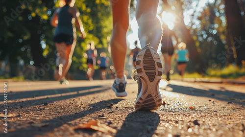 Fototapeta Naklejka Na Ścianę i Meble -  Rear view of a running athlete in a sunny summer park
