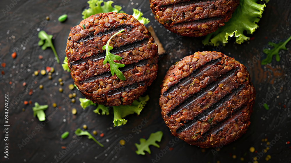 Obraz premium Scrumptious Vegetarian Temptation: Appetizing Top-Down Product Photography of Lentil Patty Vegetarian Burgers