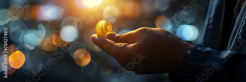 business man hold a gold crypto coin concept of stock, blokchain photo