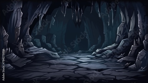 Path is crossing the dark cave game background tillable horizontally, dark terrible empty place with rock walls in side view, dangerous dungeon illustration, photo