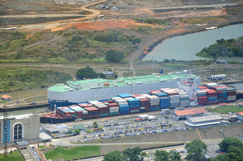 Cargo Ship Navigating Through Miraflores Locks, Panama Canal"