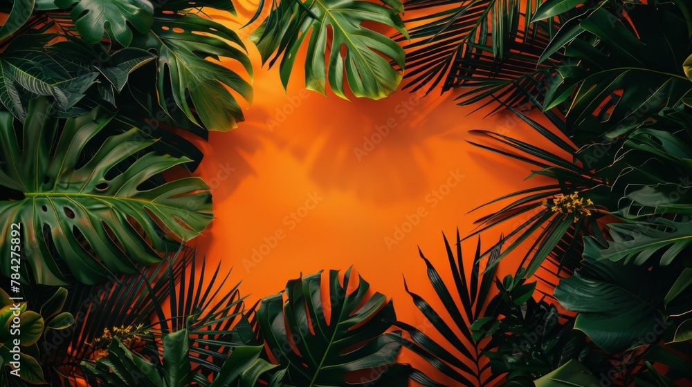 A lush frame of vibrant tropical leaves and bright orange flowers encircles a warm sunset-colored background, evoking a sense of exotic beauty and tranquility. A lush frame of vibrant tropical leaves and bright orange flowers encircles a warm sunset-colored background, evoking a sense of exotic beauty and tranquility.