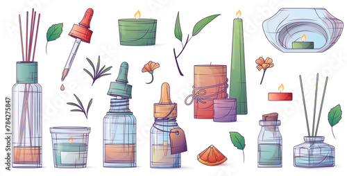 Collection of vector isolated illustration of aromatherapy elements. Candle, aroma lamp, essential oils. Glass bottle with dropper, pipette, diffuser. Concept of cosmetics, perfumery and aromatherapy.