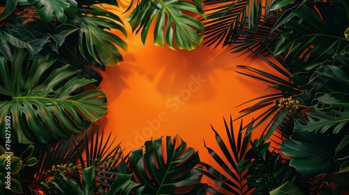 A lush frame of vibrant tropical leaves and bright orange flowers encircles a warm sunset-colored background  evoking a sense of exotic beauty and tranquility.