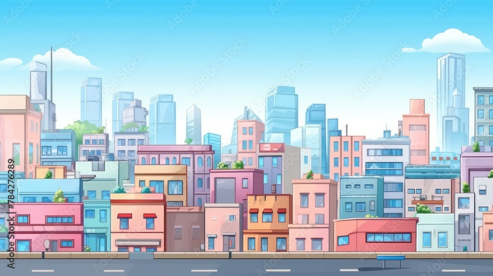 Vibrant Cityscape Cartoon Illustration: Urban Skyline and Architecture