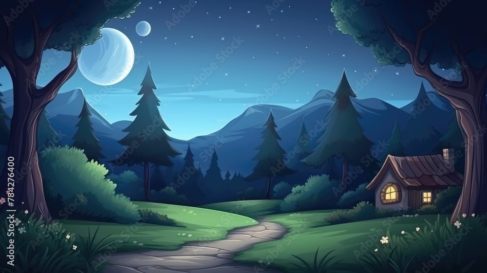 Fototapeta premium Enchanting Moonlit Night: Cozy Cottage Amidst Lush Greenery