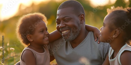 Joyful African American father sharing a laugh with his two children at home.