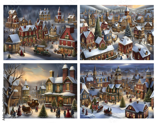 4 Vintage Victorian Town Illustrations at Christmas on Transparent Background - generative AI