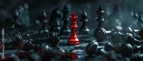 Contrast of a red pawn amidst toppled chess kings, symbolizing the underdogs victory photo