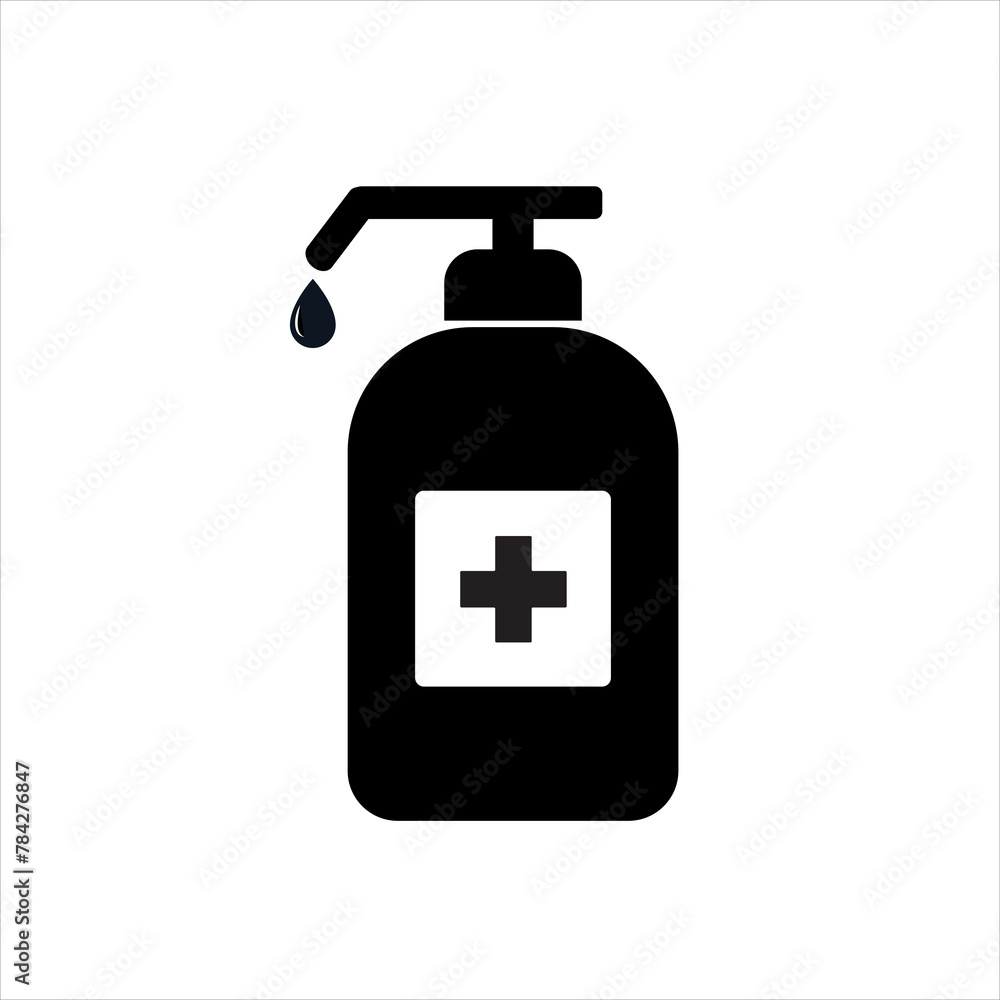 Vector symbol of hand sanitizer bottle icon with black and white color. Medical care pictogram Vector symbol of hand sanitizer bottle icon with black and white color. Medical care pictogram