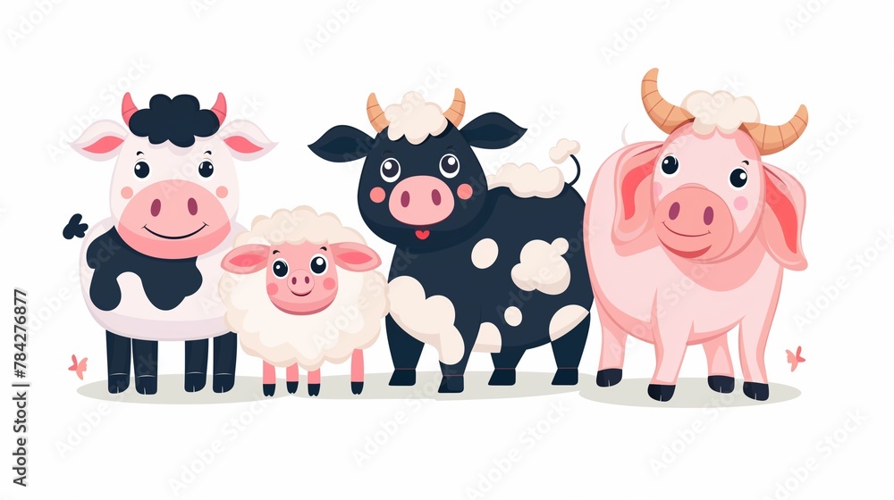 A group of cute cartoon farm animals depicted in a vector illustration on a white background, featuring a charming style with simple lines. A group of cute cartoon farm animals depicted in a vector illustration on a white background, featuring a charming style with simple lines.