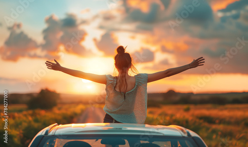 A woman is standing on the back of her car with arms outstretched, enjoying nature and freedom during vacation or travel trip at summer sunset time #784277000