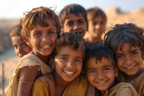 Group of happy young Indian children in the desert, cinematic photo, beautiful light on faces © 수동 김