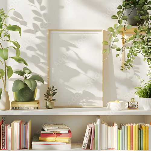 a frame mockup on a cute boho bookshelf, plants, colorful, white