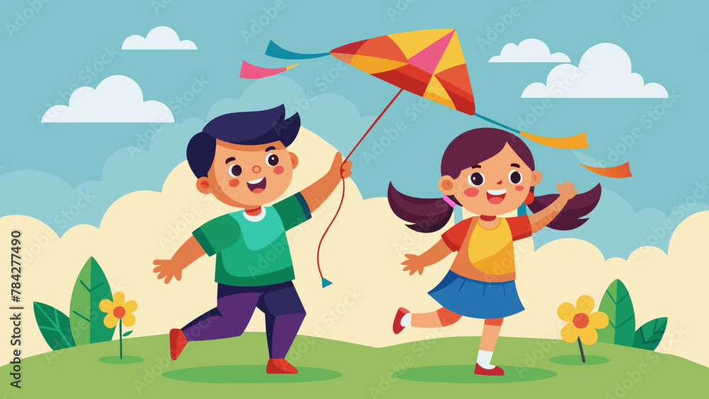 flying-kite--illustration-of-girl-and-boy-with-a-k