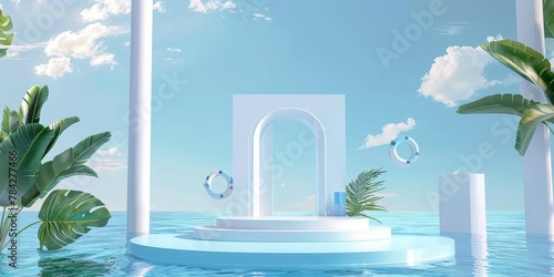 Aqua podium in ocean with plants, surrounded by azure sky and clouds