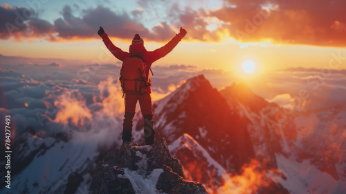 Successful man stand top of alps mountain. Fun adventure. Hiker achieve high rock peak. Travel success freedom motivation concept. Tourist climber go hike enjoy view. Backpacker explore epic journey. photo